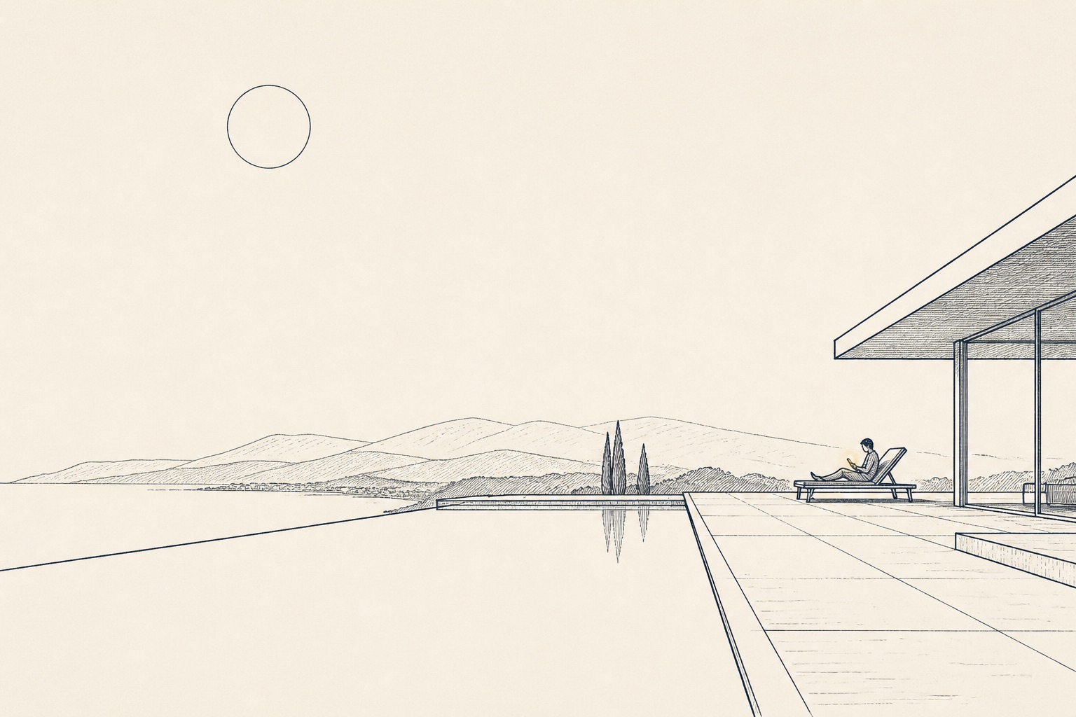 A lone small figure on a vast empty villa terrace, thin-line illustration